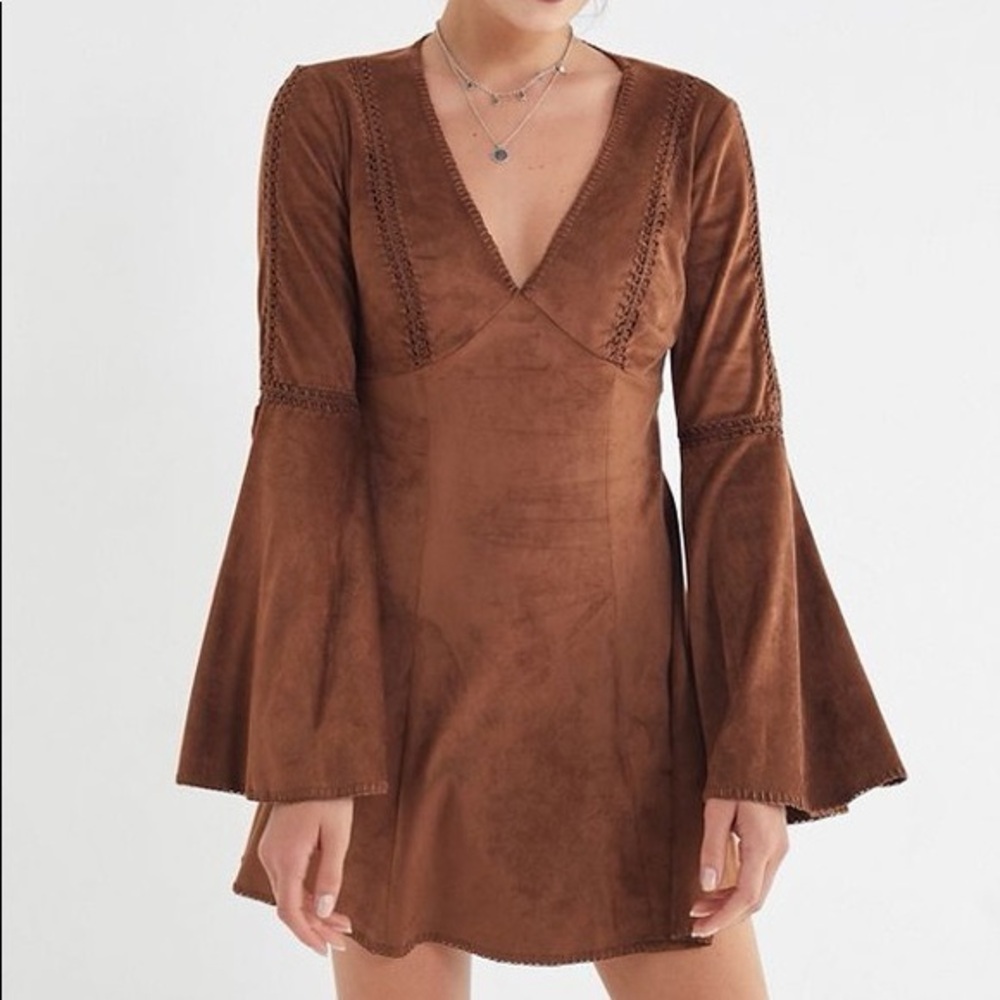 Urban Outfitters Brown Faux Suede Bell Sleeve Dress Small